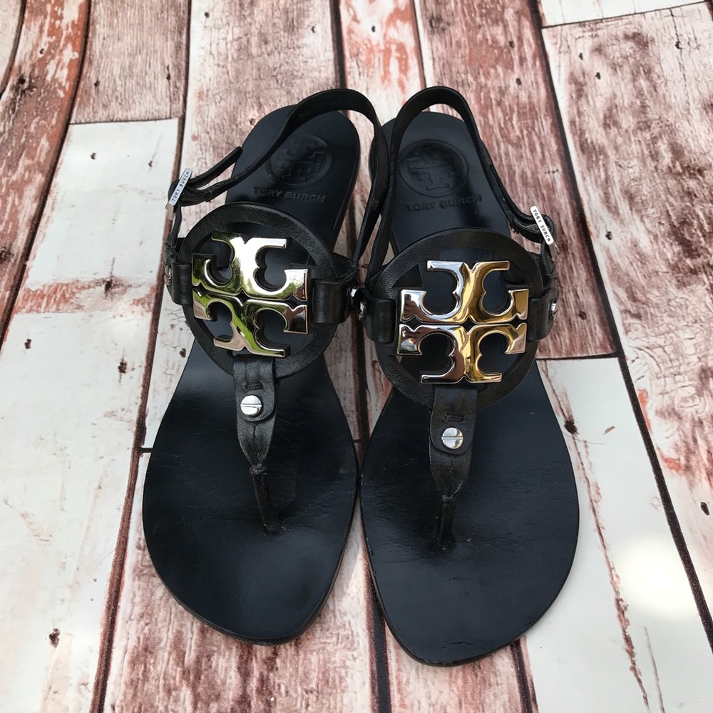Tory Burch Black Sandals with Gold Accents - Picture 3 of 6
